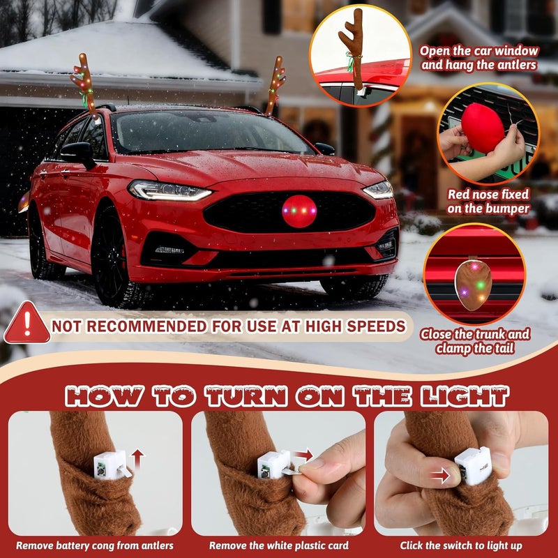 Hydencamm Reindeer Antlers Car with Lights, Car Reindeer Antlers for Car Window Roof-Top & Front Grille with Jingle Bells, Car Antlers and Nose Compatible with Car, SUV, Jeep, Truck - Image 5
